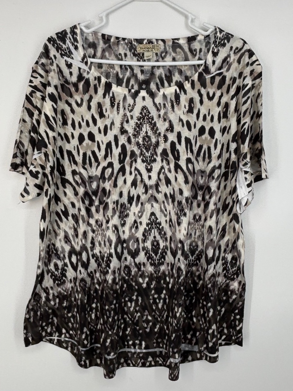 One World Womens 3X Knit Top Black Neutral Animal Print Silver Studs Short Slv